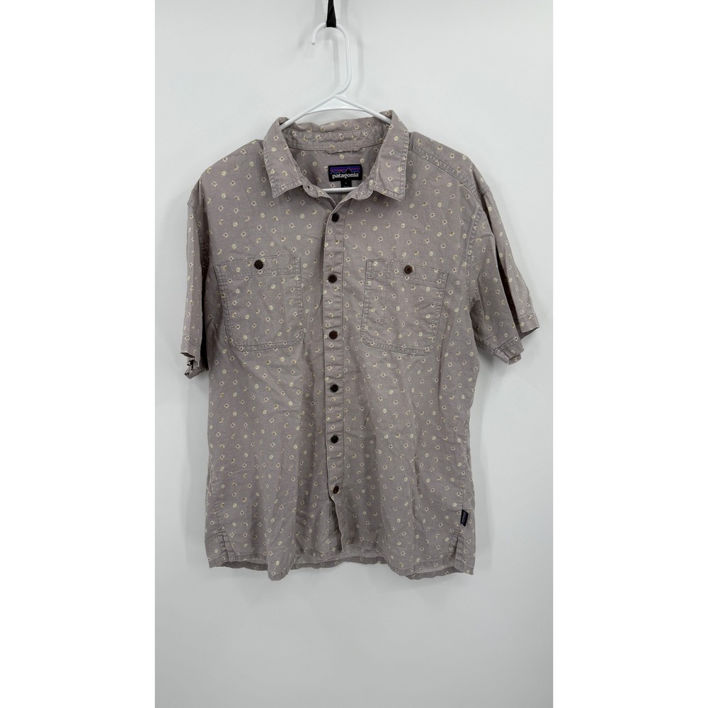 Patagonia Mens Large Grey Floral Organic Cotton Hemp Short Sleeve Button Down